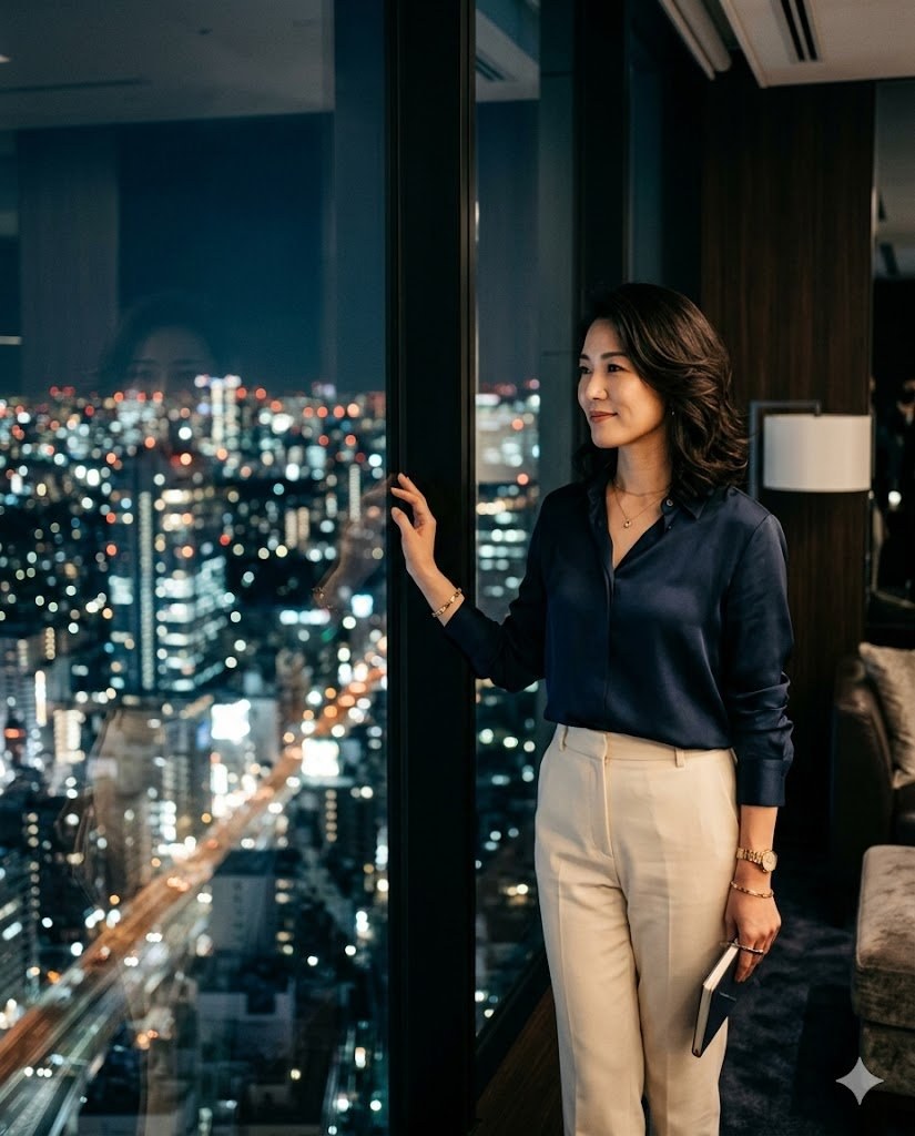 Chinese professional woman overlooking city at night